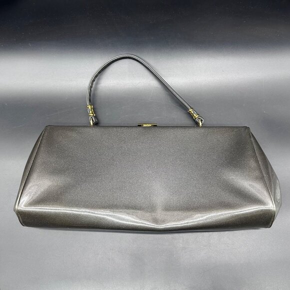 Vintage Handbag Mid Century Shimmery Gray Purse Gold Tone Top Handle Retro - Picture 3 of 12
